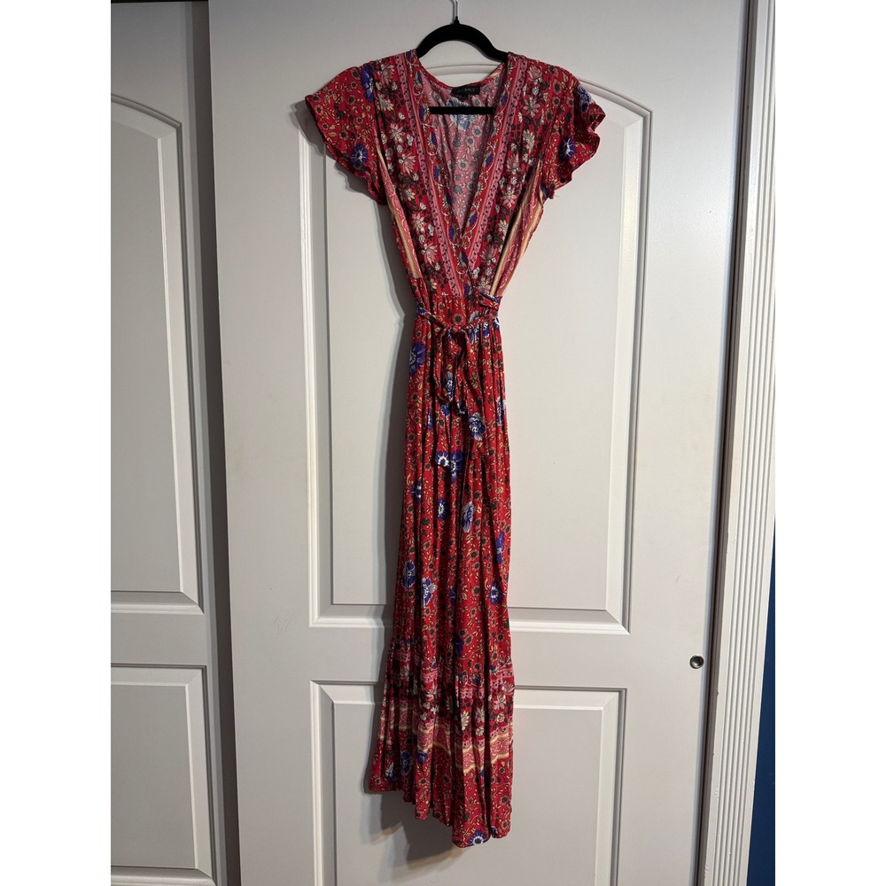 Aly Daly Maxi Dress Small Red Boho Floral Wrap Tiered Cottagecore Festival